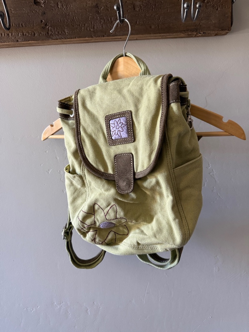 Sherpani Canvas Floral Accent Mini Backpack in Olive Green with Brown Trim - Picture 2 of 7